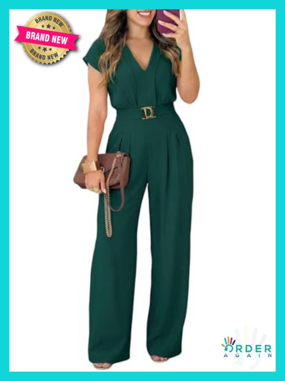 V-Neck Short Sleeve Wide Leg Jumpsuit with Belt & Pockets